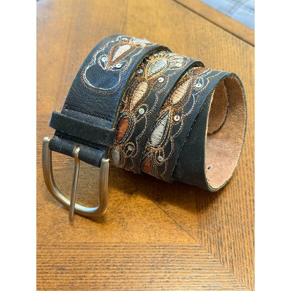 Genuine Leather Black Embroidered Western Belt Small Boho Cowgirl Sequins - Picture 5 of 8